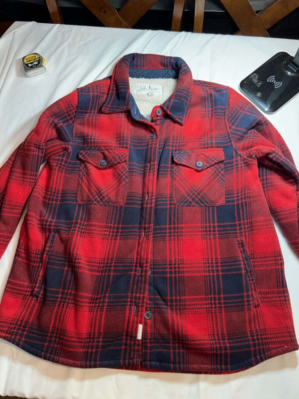 Soho Threads Sherpa Lined Plaid Fleece Shirt Jacket Red Blue.Size L/G